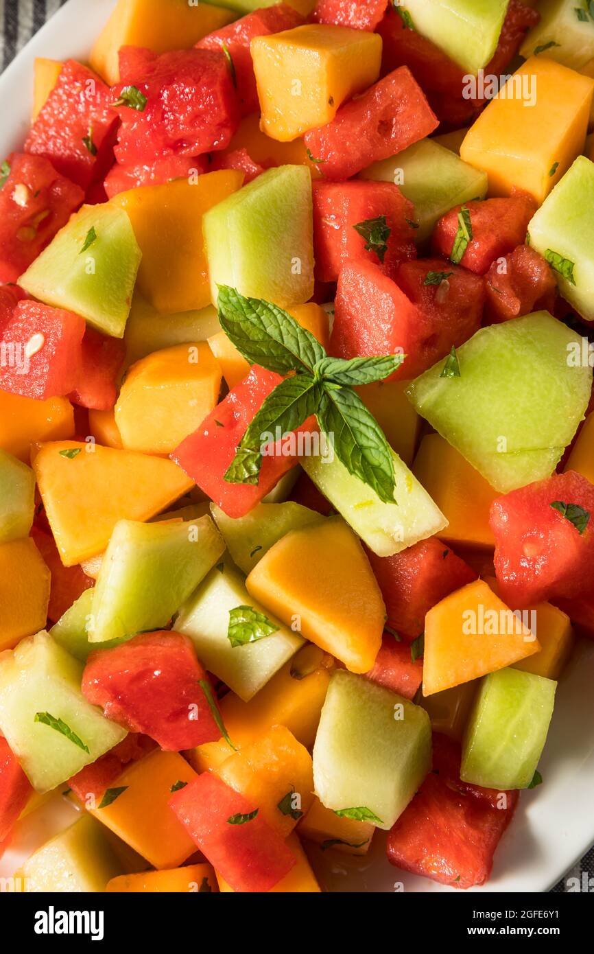 Healthy Homemade Melon Salad with Watermelon Cantaloupe and Honeydew Stock Photo