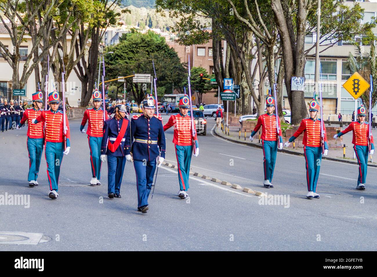 BOGOTA, COLOMBIA - SEPTEMBER 23, 2015: Changing of the guard at House of Narino, official presidential seat in colombian capital Bogota. Stock Photo
