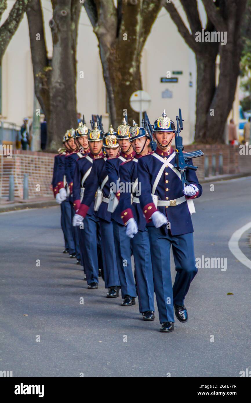 BOGOTA, COLOMBIA - SEPTEMBER 23, 2015: Changing of the guard at House of Narino, official presidential seat in colombian capital Bogota. Stock Photo