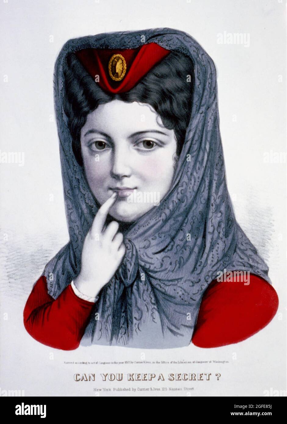 Can You Keep a Secret - Poster - 1872 - Attractive woman holds finger to lips Stock Photo