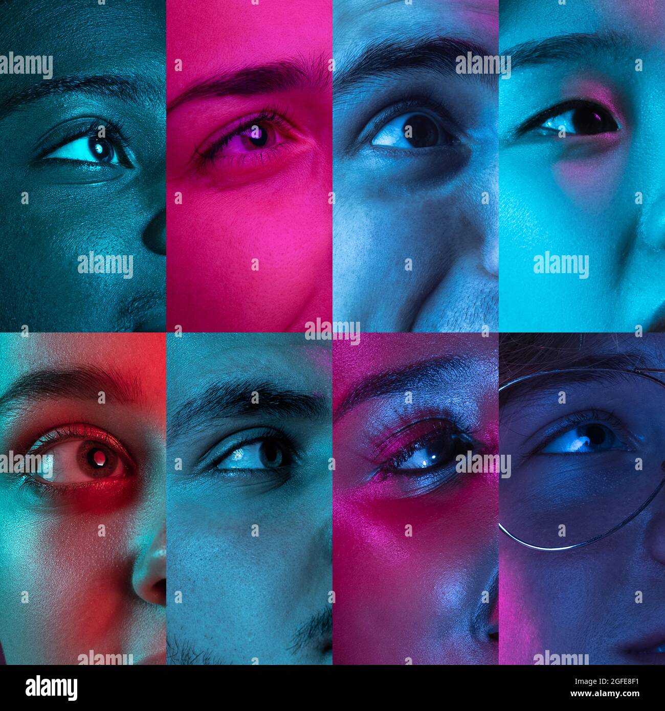 Collage of open eyes of young multiethnic men and women on multicolored ...