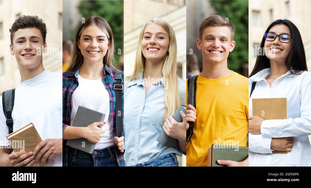 Successful Diverse Students Portraits In A Row, Collage Stock Photo