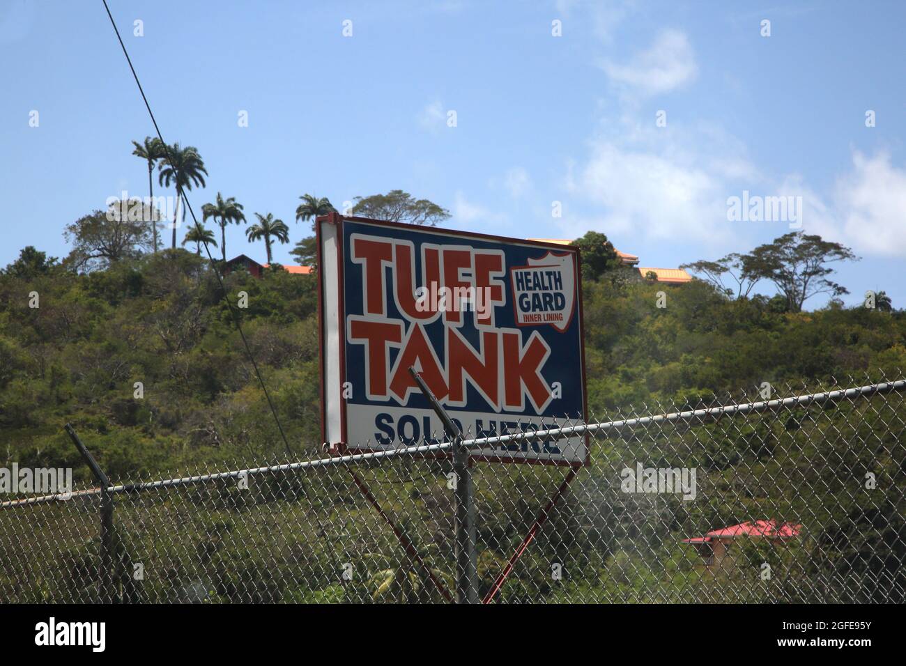 Grand Anse Grenada Tuff Tank Sign Septic Tanks Advertising Billboard Stock Photo