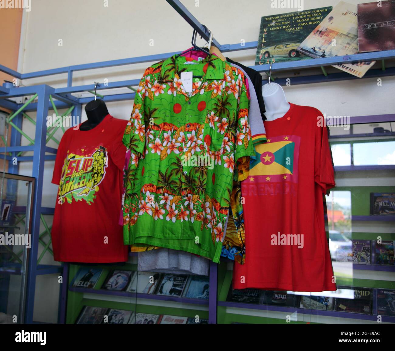 St Georges Grenada Esplanade Mall Colourful shirts On Sale in shop Stock Photo