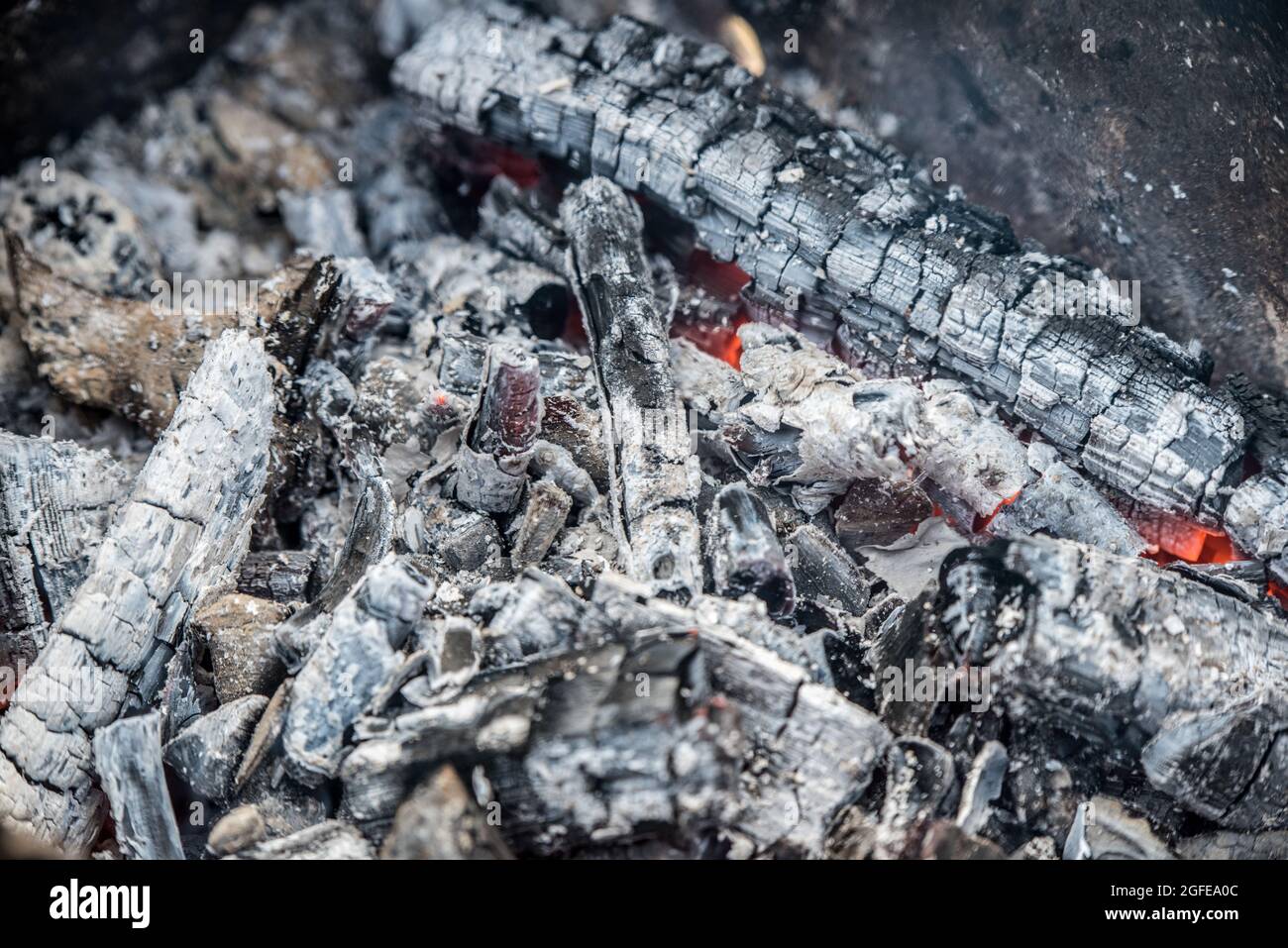 Burning coals close up, background top view Stock Photo