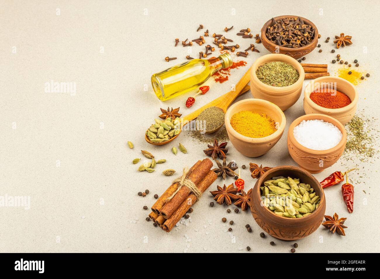 A set of spices for cooking curry. Aromatic condiments: turmeric ...