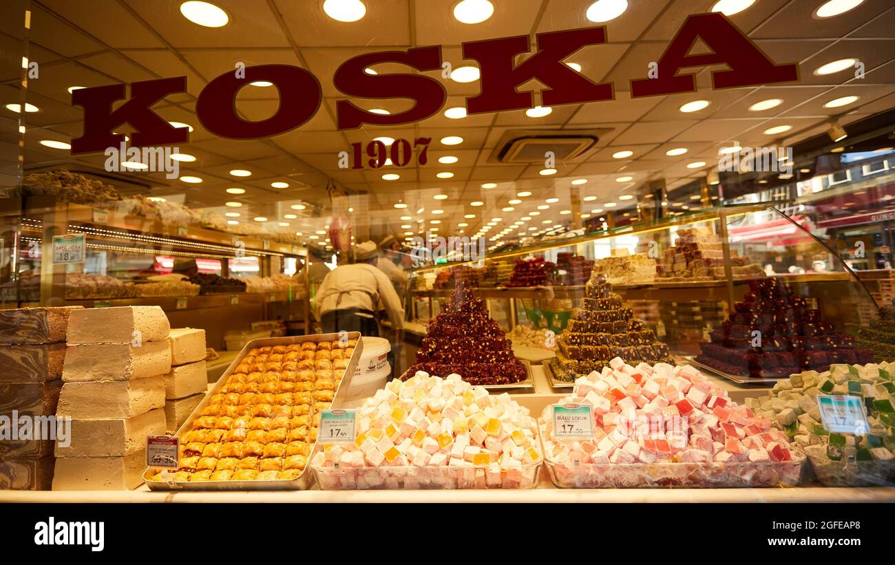 Istanbul, Turkey - 1 April, 2017: Different kinds of Turkish delight sweets at the Koska Market. Stock Photo