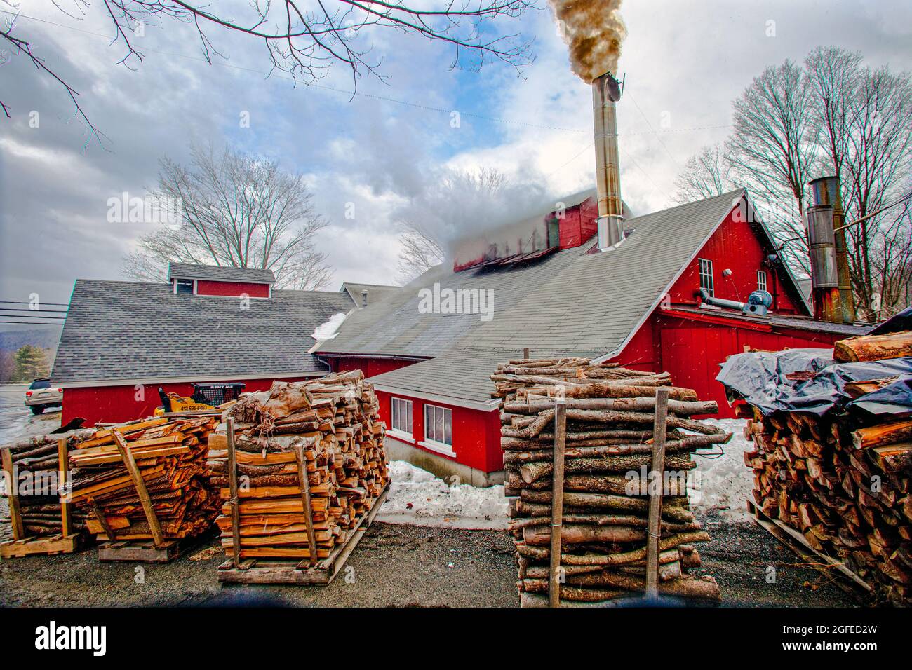 Goulds Sugar Shack in Shelburne Falls, Massachusetts in the spring making maple syrup Stock Photo