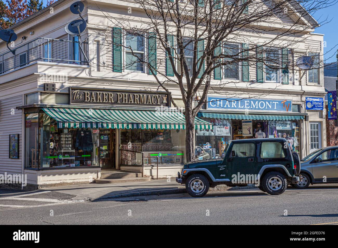 Cars parked along the main street in Shelburne Falls, Massachusetts