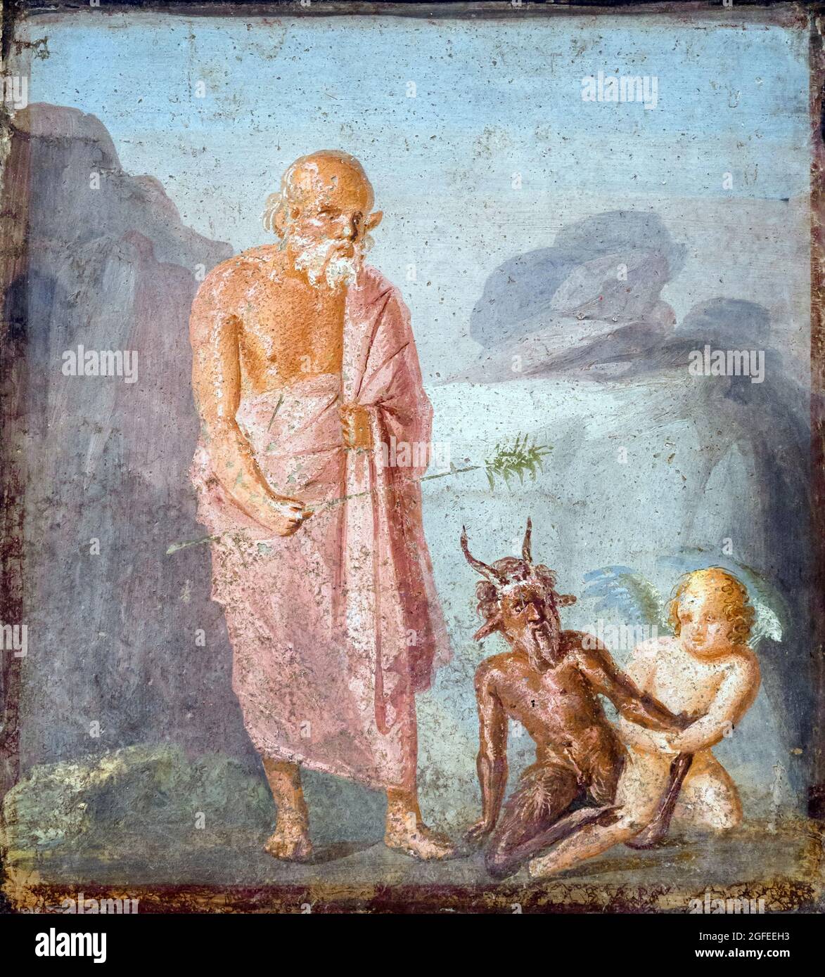 Silenus, Eros and Pan Struggle between Eros and Pan in the presence of Silenus fresco Pompeii, Casa del Meleagro (House of Meleagro) 63-79 AD Stock Photo