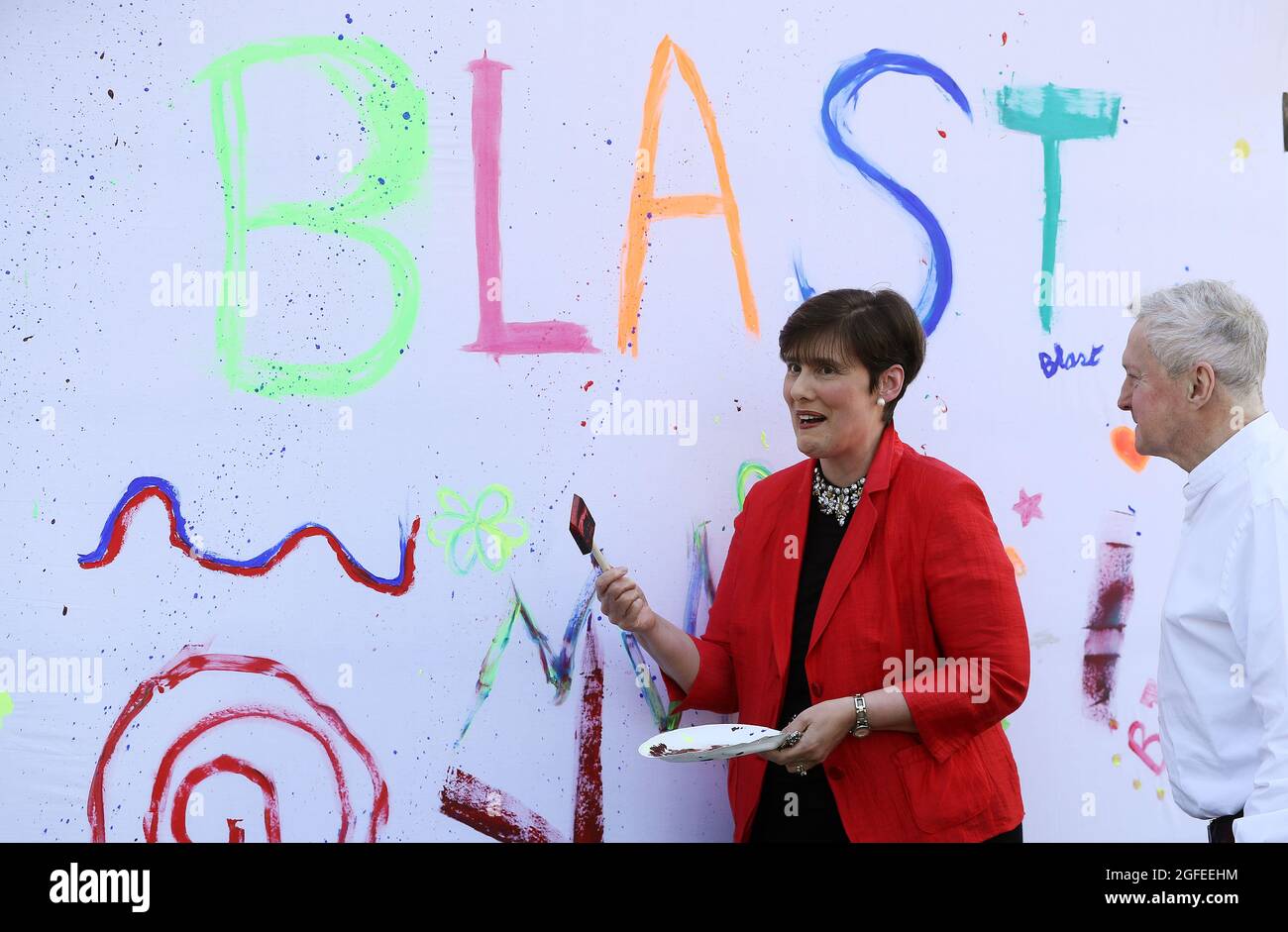 Education Minister Norma Foley (left) with Louis Walsh at the Department of Education, Dublin, during the launch of a logo design competition for students to represent BLAST – Bringing Live Arts to Students and Teachers. Picture date: Wednesday August 25, 2021. Stock Photo