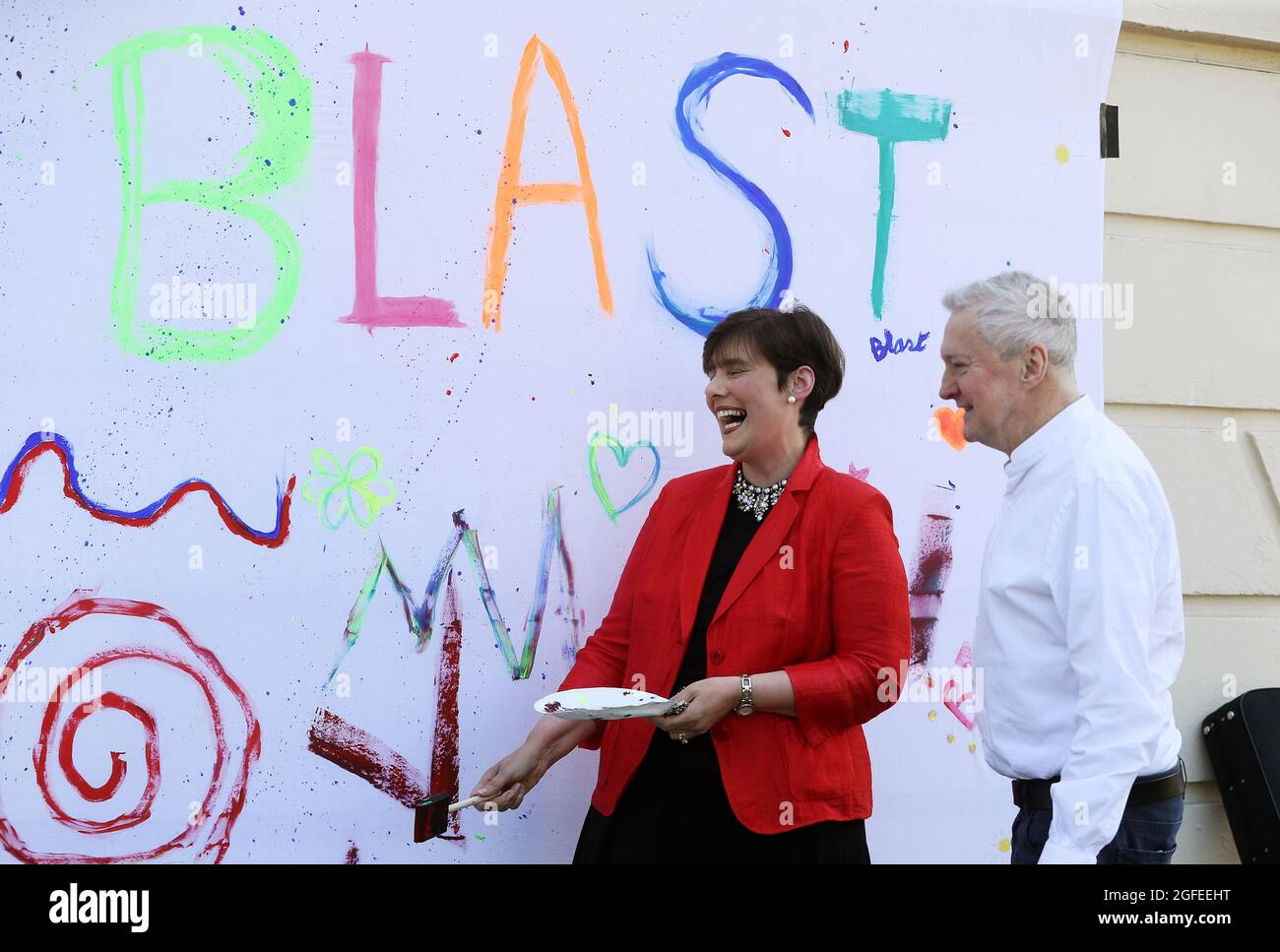 Education Minister Norma Foley (left) with Louis Walsh at the Department of Education, Dublin, during the launch of a logo design competition for students to represent BLAST – Bringing Live Arts to Students and Teachers. Picture date: Wednesday August 25, 2021. Stock Photo
