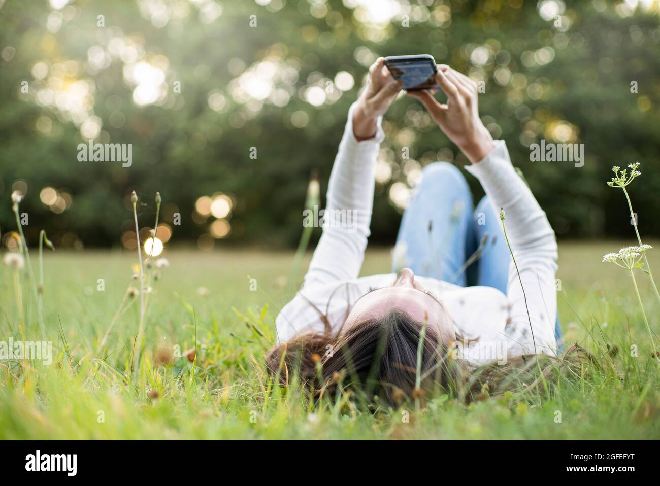 Young woman using smart phone while lying in park, Orgeval Stock Photo