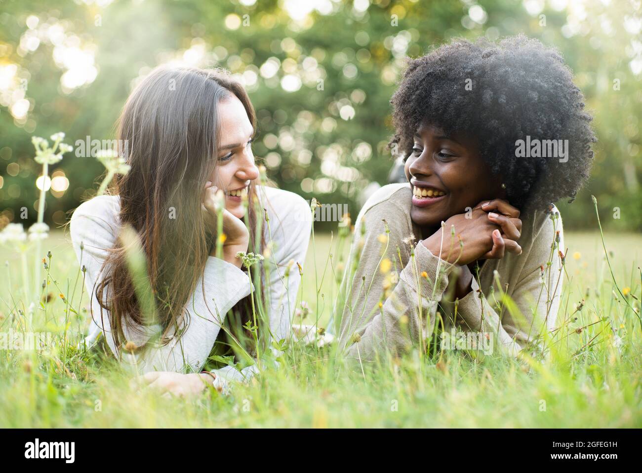 Portrait of smiling young female friends lying in park Stock Photo