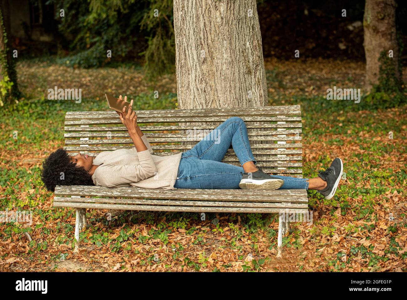 Young woman using digital tablet while lying on bench in park Stock Photo