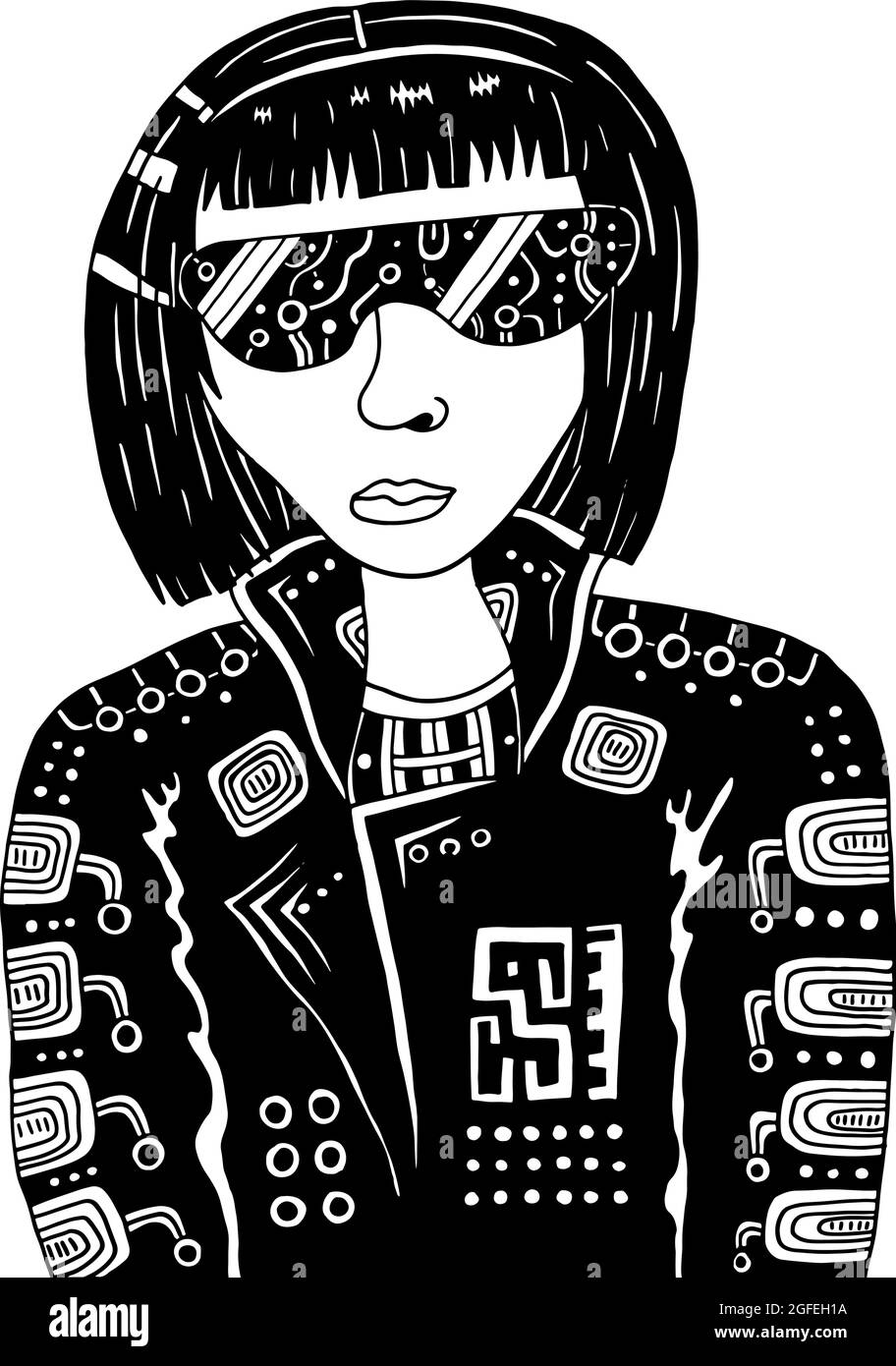Cyberpunk girl in dark vr glasses. Cybergoth illustration. Black and white punk woman. Retrowave and vaporwave style. Vector artwork. Stock Vector