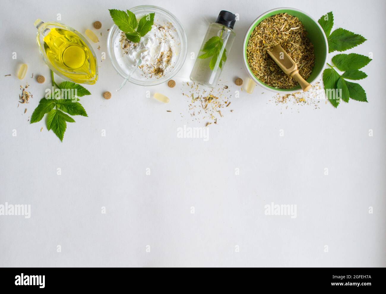 Alternative medicine, herbal extract: white background, jar of oil over a bowl with white essence. Bowl with ground dry medicinal herbs, green leaves Stock Photo