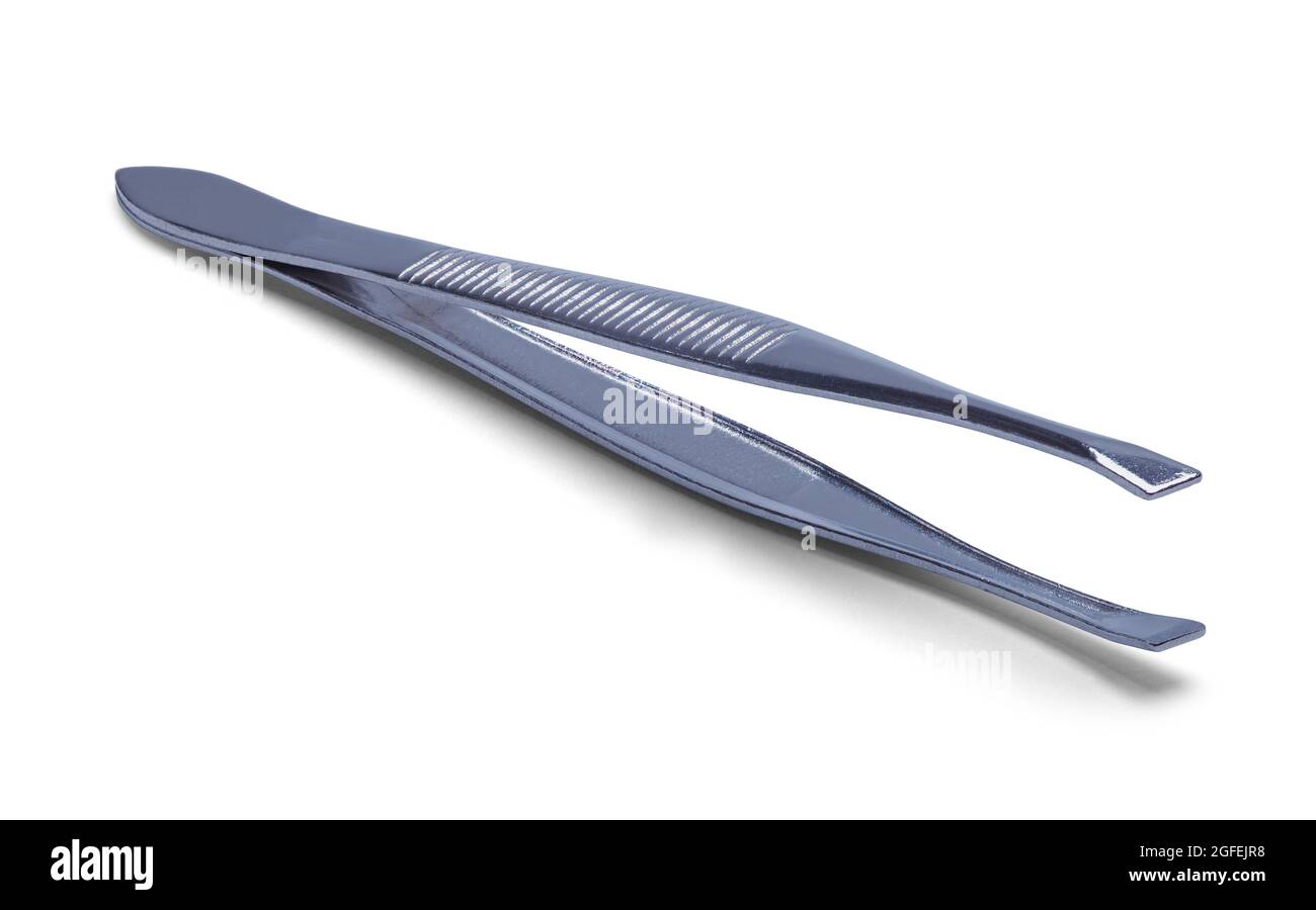 Metal Cosmetic Tweezers Cut Out on White. Stock Photo