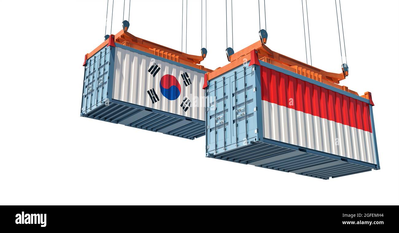 Freight containers with South Korea and Indonesia national flags. 3D Rendering Stock Photo