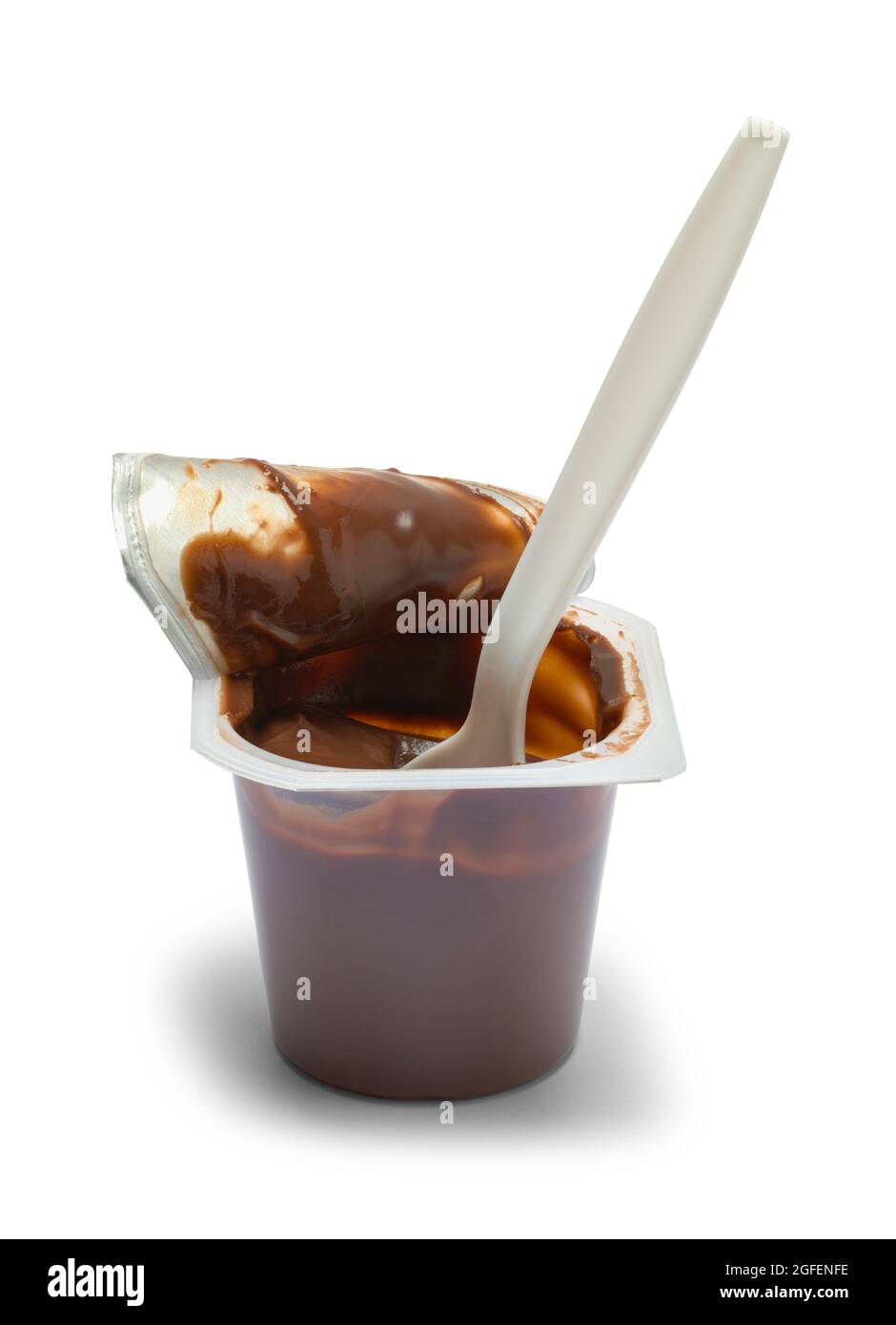 Chocolate Pudding Cup and Spoon Cut Out on White. Stock Photo