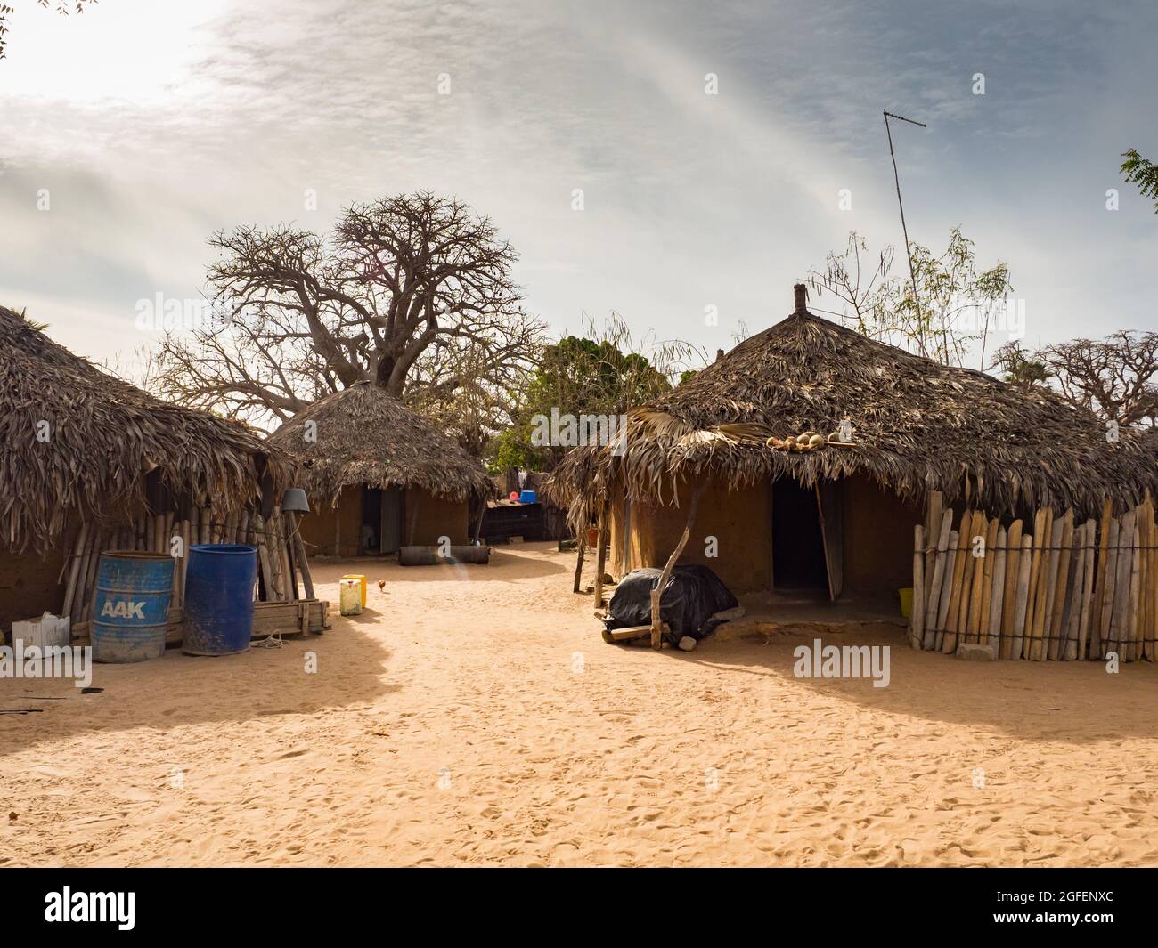 Senegal, Africa January 2019 Traditional African small village with clay houses covered with