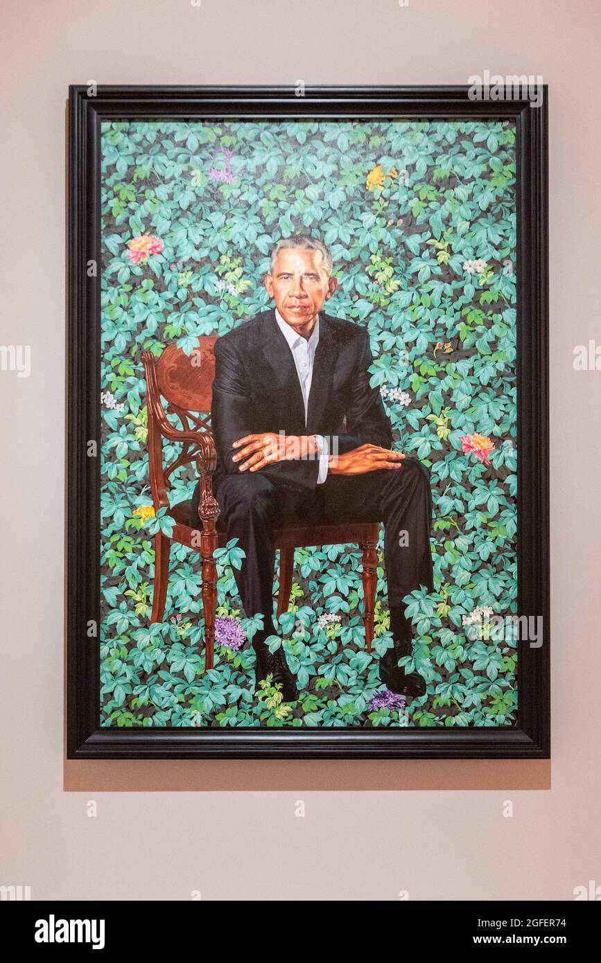 As part of the Smithsonian's "Five-City National Tour," the portrait of  President Barack Obama, painted by Kehinde Wiley, is on display at the  Brooklyn Museum in Brooklyn, NY, from Aug. 27 -Oct.