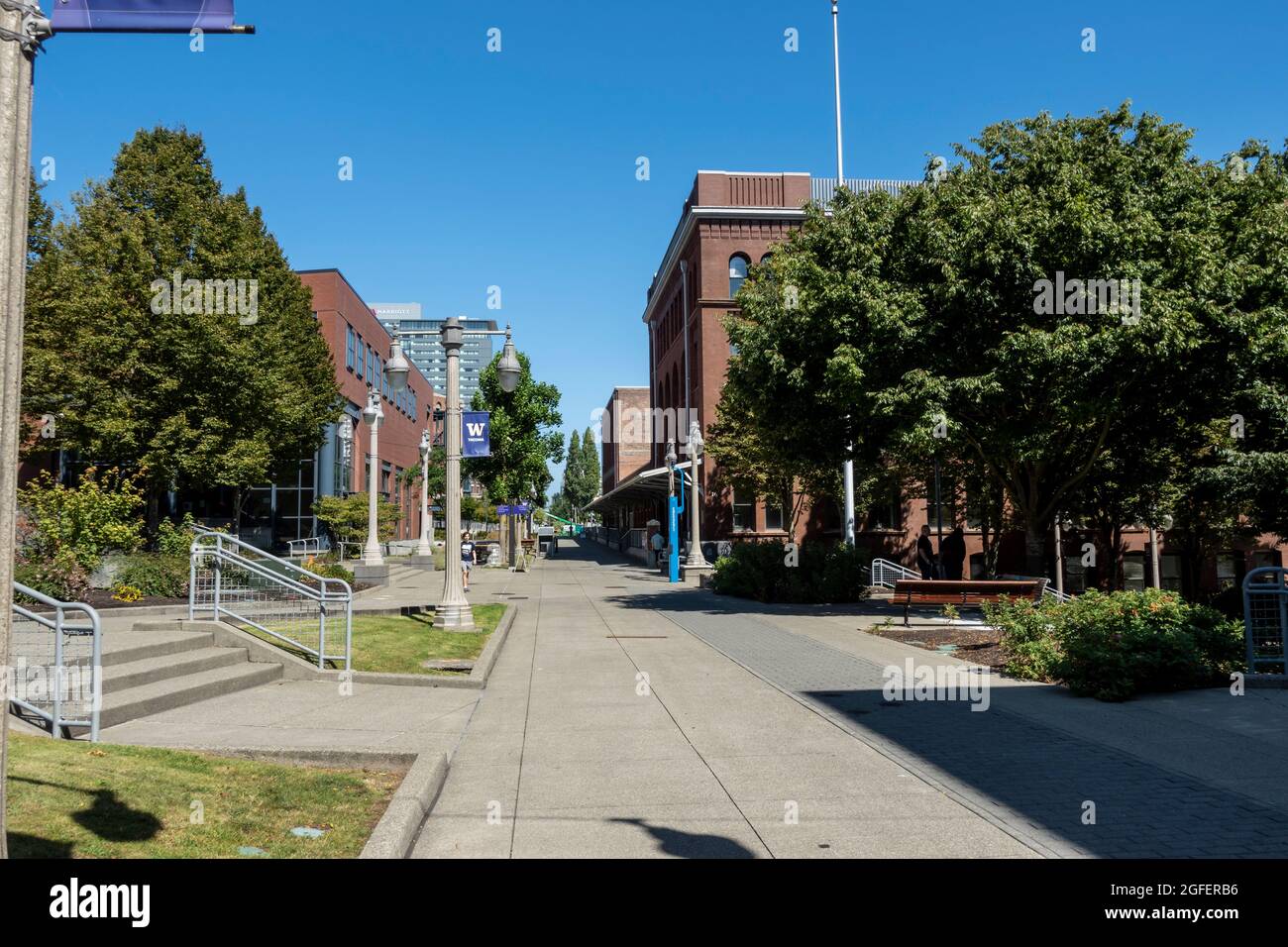 Tacoma, WA USA - circa August 2021: View of the large city campus at the University of Washington Tacoma on a sunny, cloudless day Stock Photo