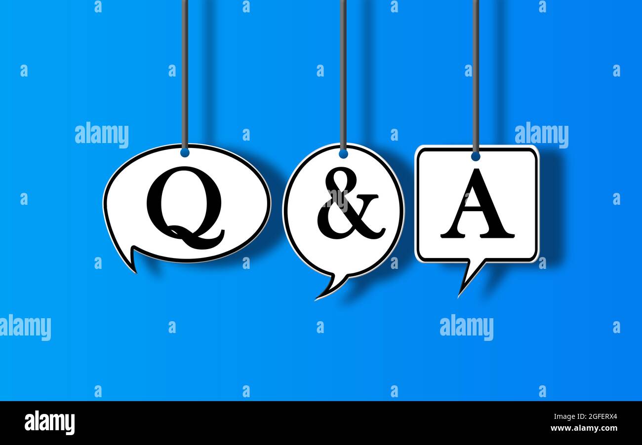 Questions and Answers Symbol In Bubble speech Hanged with string On Bright grey background . 3D Q&A Sign in White Thoughts Bubbles . Business help and Stock Photo