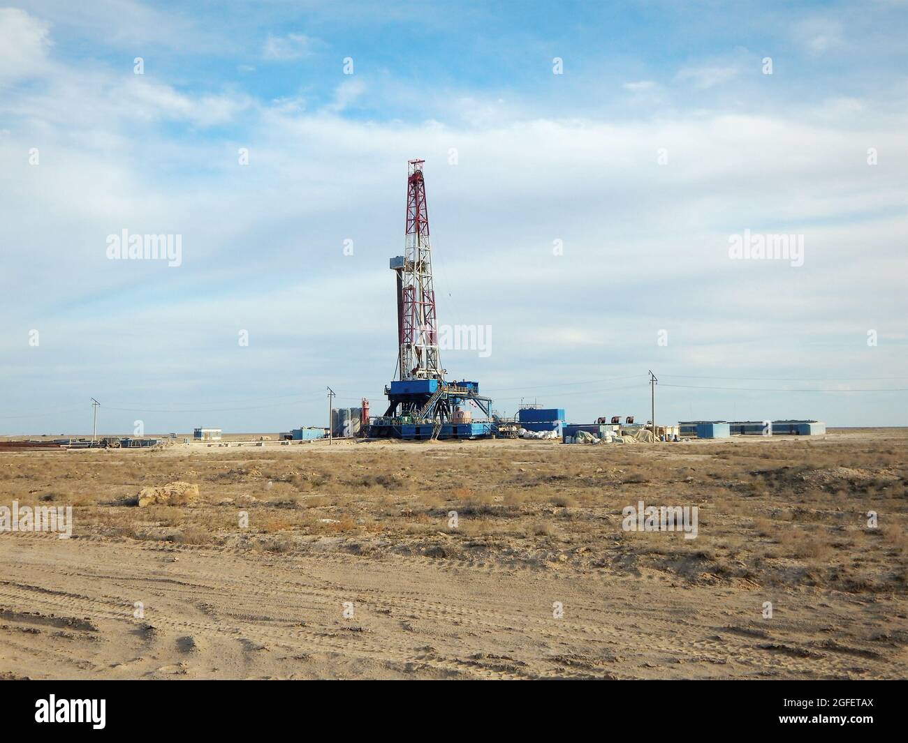 Drilling Rig in the steppe. Kazakhstan. Mangistau region. 10 September 2019 year. Mangistau region. Stock Photo