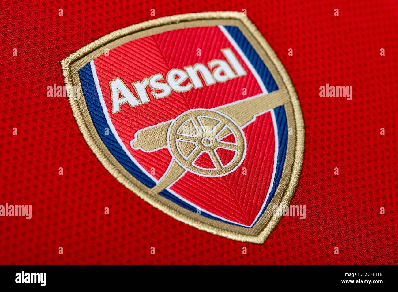 Close up of Arsenal FC kit 2020/21. Stock Photo