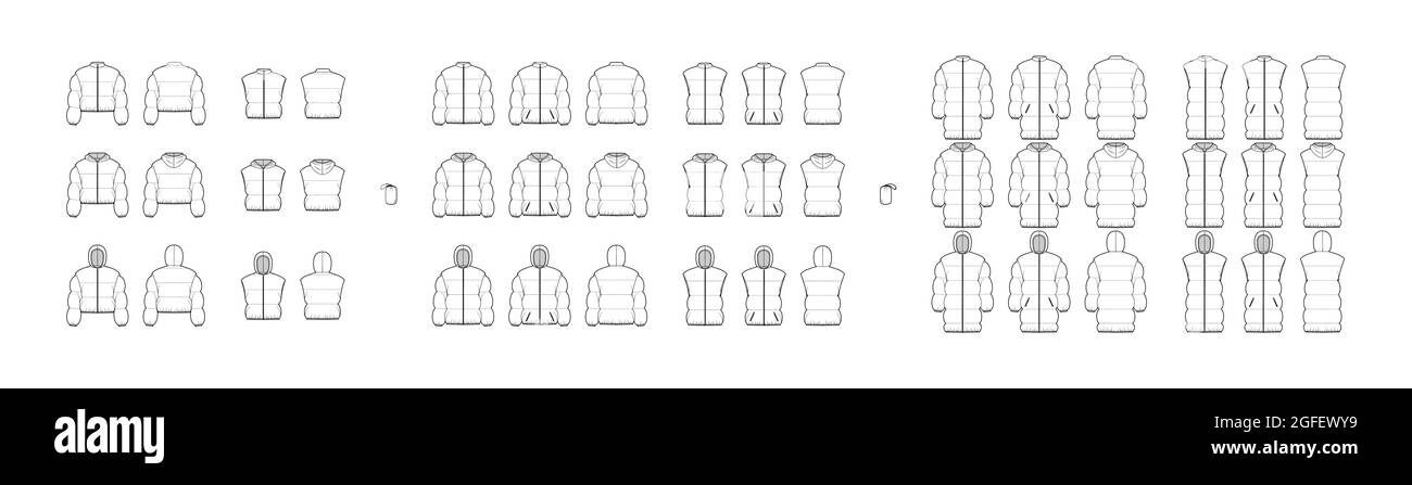 Set of Down coats vests puffer waistcoat technical fashion illustration with pouch, stand hoody collar, zip-up closure, pockets, oversized, wide quilting. Flat front, back, white color. Women, unisex Stock Vector