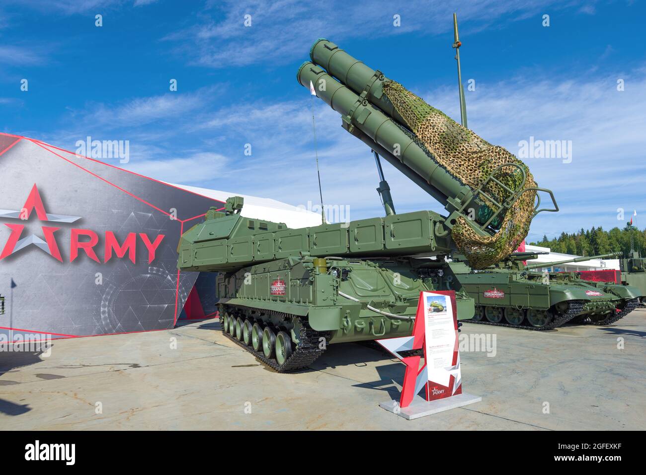 MOSCOW REGION, RUSSIA - AUGUST 27, 2021: Self-propelled fire launcher 9A317M Buk-M3 anti-aircraft missile system on the exposition of the Army-202 int Stock Photo