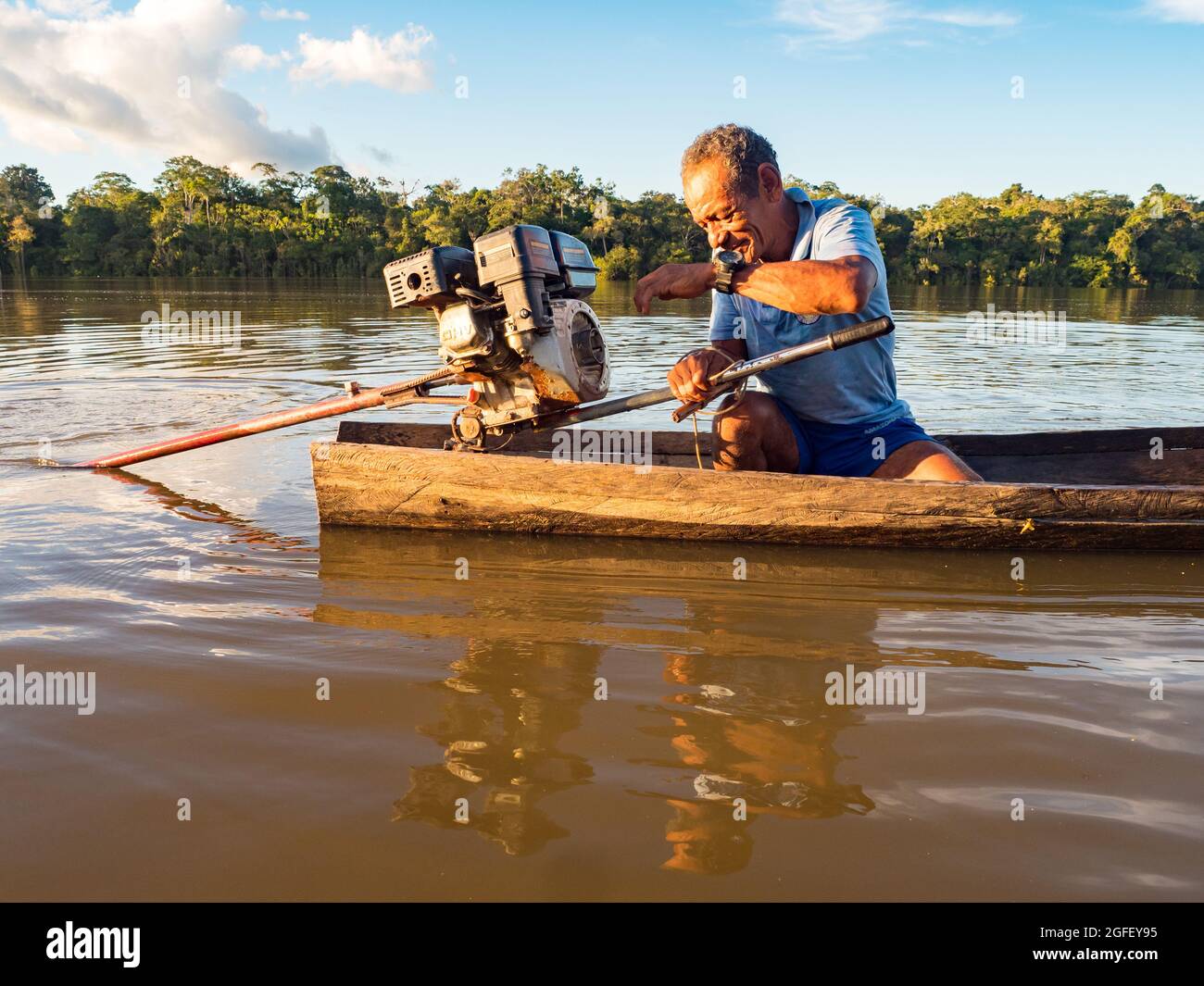 Atalaya do Norte, Brazil - Nov 2018: Portrait of a man on a small wooden  boat, a local inhabitant of the Amazon rain forest. Javari Valley. Amazonia  Stock Photo - Alamy