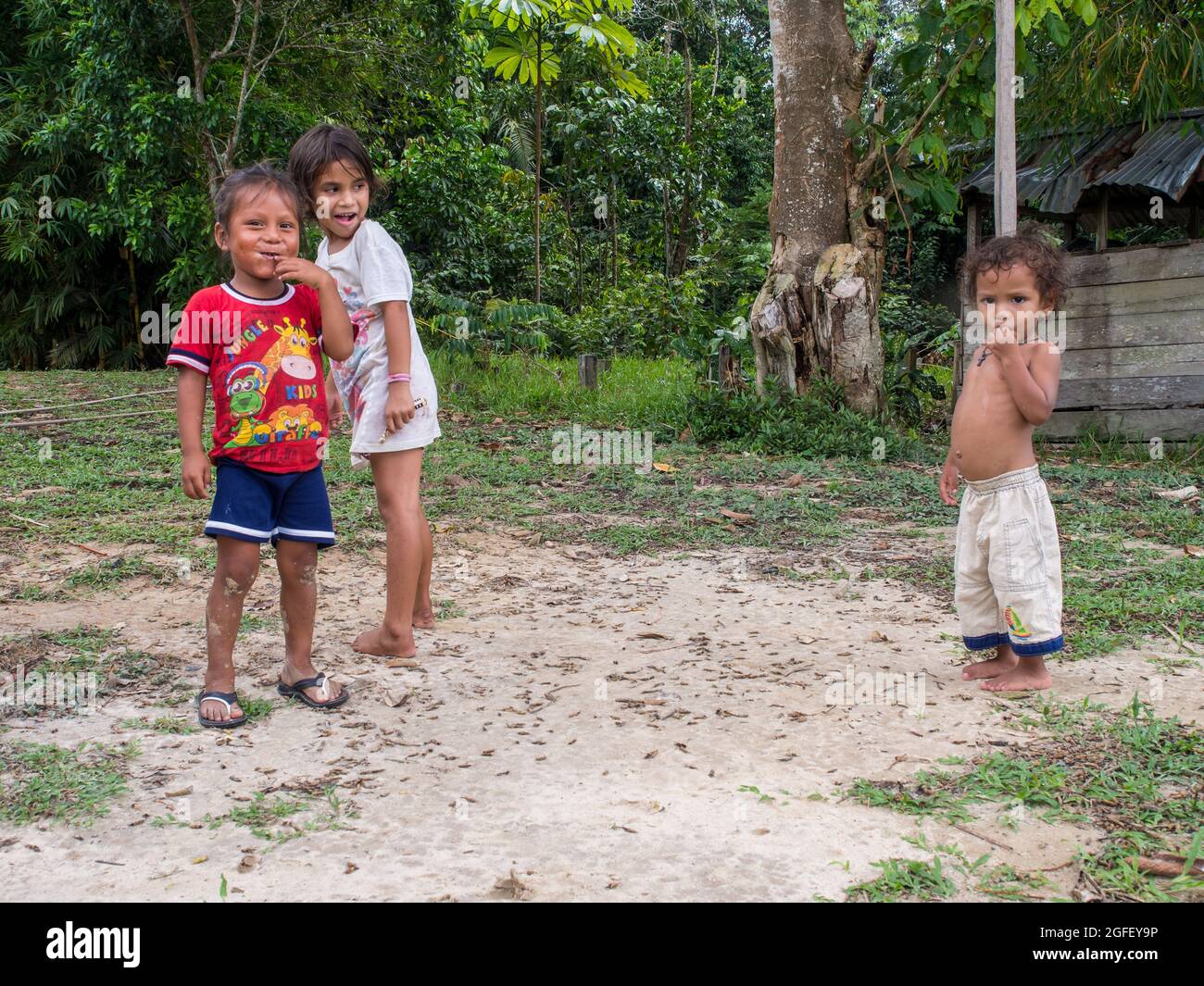 Paumari, Brazil - Dec 2019: Portrait of children, a local inhabitants of the Amazon rain forest. Amazonia. Latin America Stock Photo