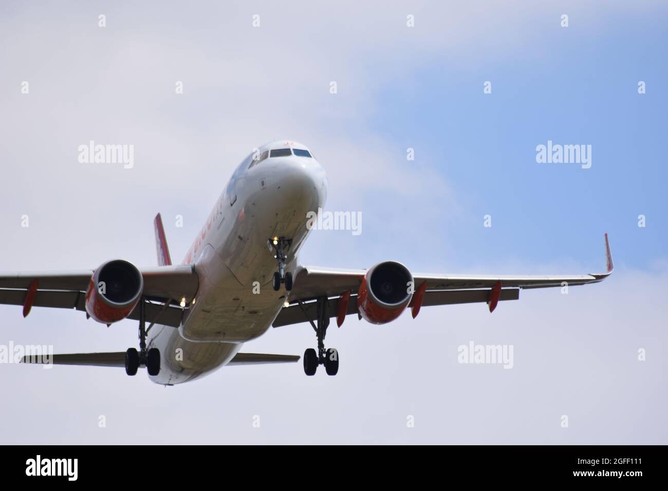 An easyJet passenger aeroplane coming into land at Lulsgate, Bristol Airport, England, Europe, UK on the 26th of July 2018 Stock Photo