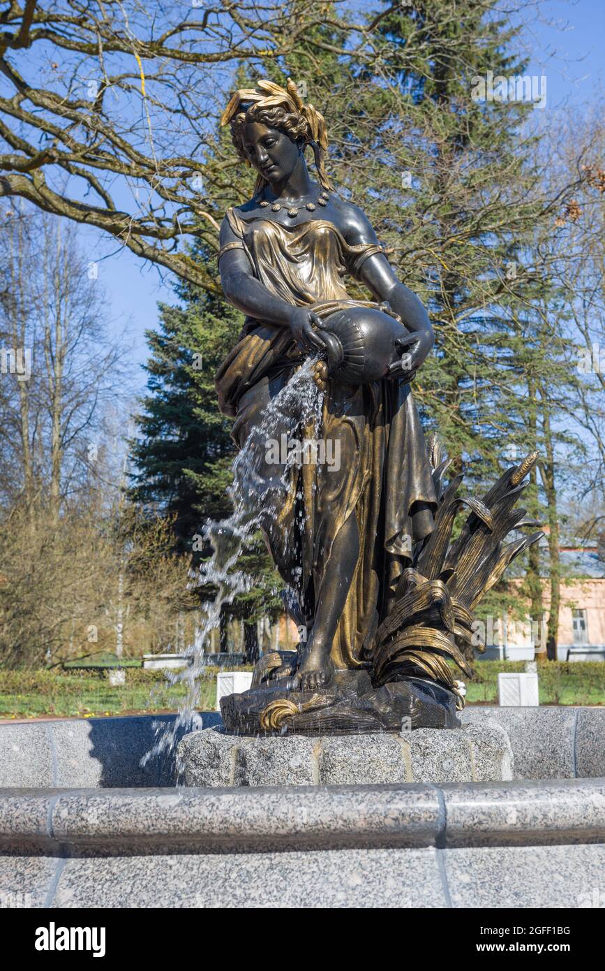 PUSHKIN, RUSSIA - MAY 09, 2021: Fountain 'Goddess of Fertility' close-up on a sunny May day. Tsarskoe Selo Stock Photo