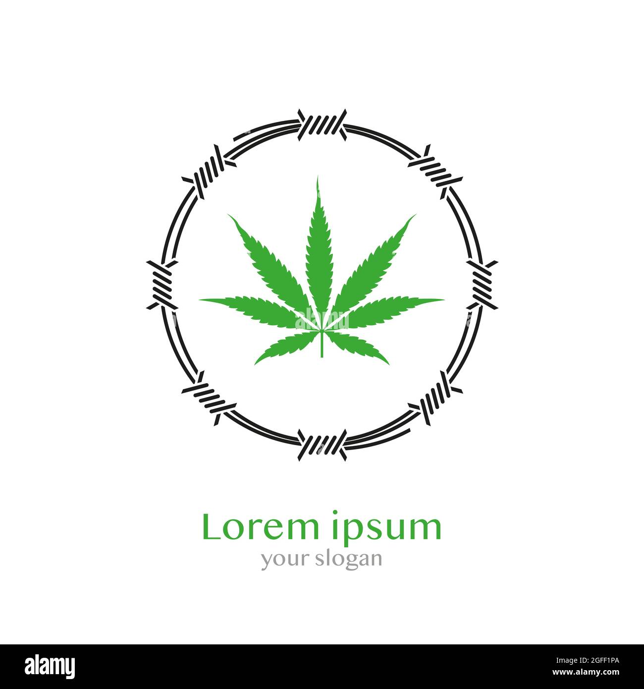 Green cannabis leaf and round barbed wire frame. Logo or emblem on a