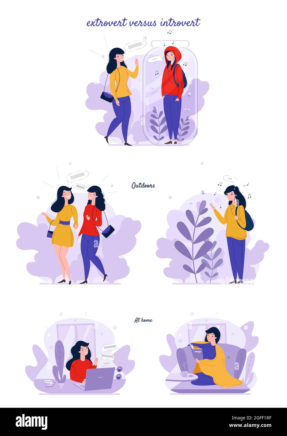 Extrovert and introvert personality types. Extraverted, introverted mindset people. Extroversion, introversion, vector Stock Vector