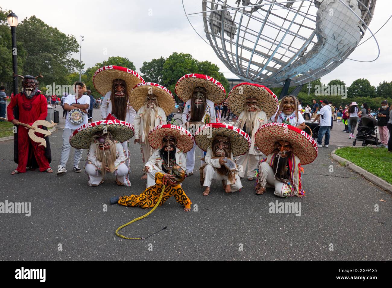 Mexican folk dancers at the Unisphere in Flushing Meadows Corona park Queens NYC Stock Photo