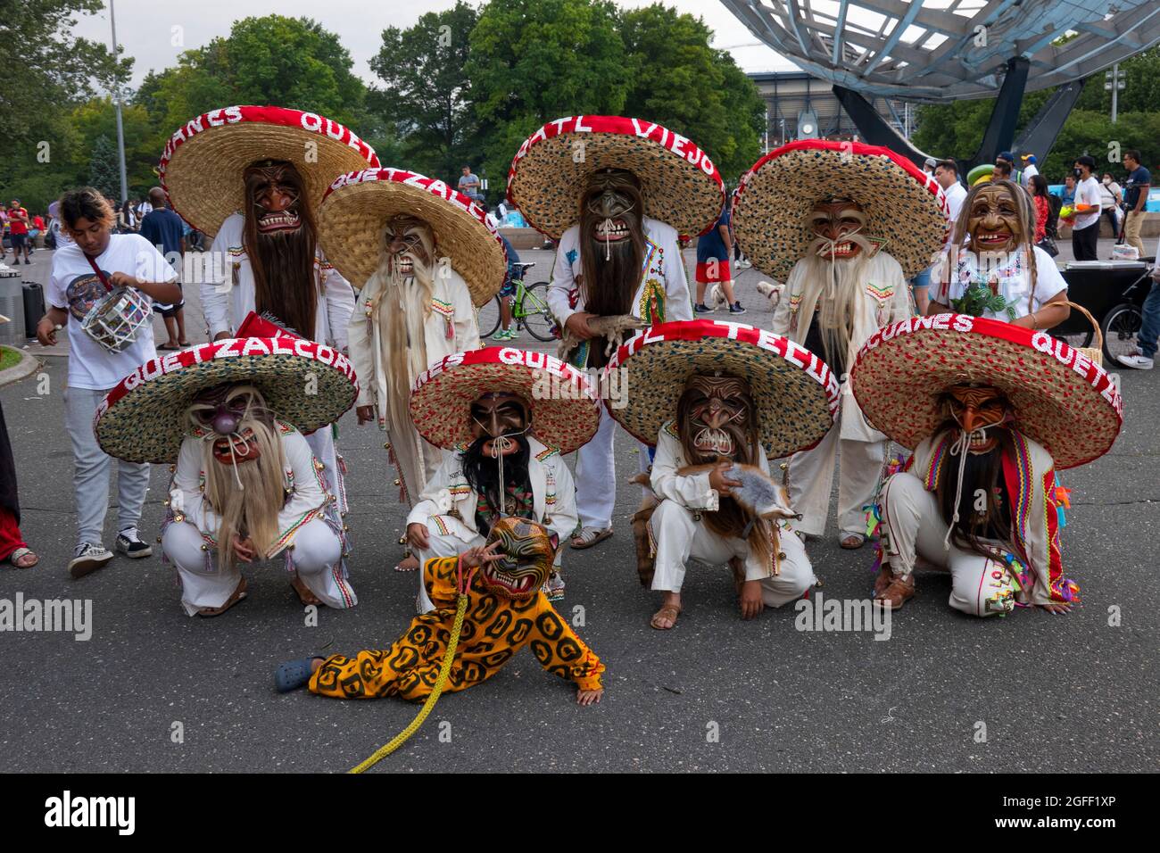 Mexican folk dancers at the Unisphere in Flushing Meadows Corona park Queens NYC Stock Photo