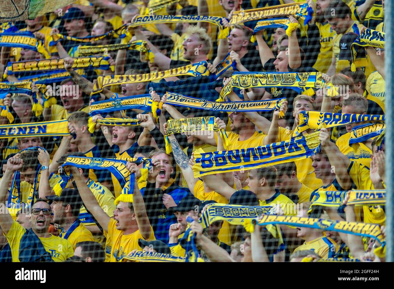Odense, Denmark. 21st, August 2021. Football fans of IF seen in the away section during the 3F Superliga match Odense Boldklub and Broendby IF at Nature Energy Park in Odense. (