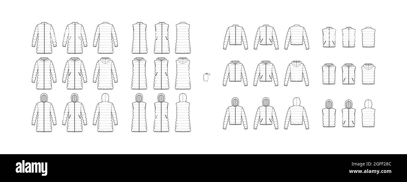 Set of Down coats vests puffer waistcoat technical fashion illustration with pouch, stand hoody collar, zip-up closure, loose fit, classic quilting. Flat front, back, white color. Women, men, top Stock Vector