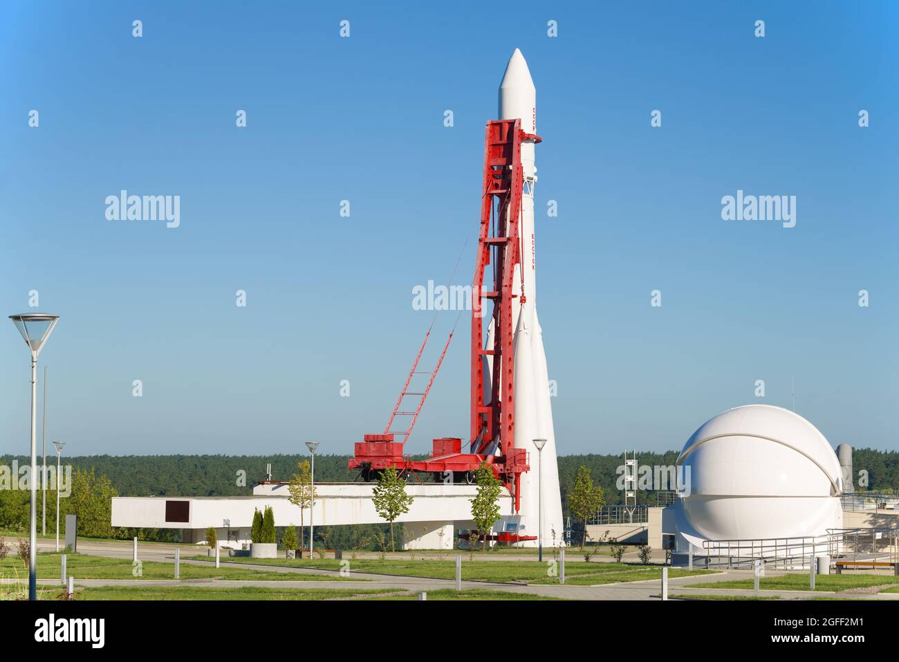 KALUGA, RUSSIA - JULY 07, 2021: Soviet space rocket Vostok on launch pad on a sunny July day. Fragment of the exposition of the Tsiolkovsky Museum Stock Photo