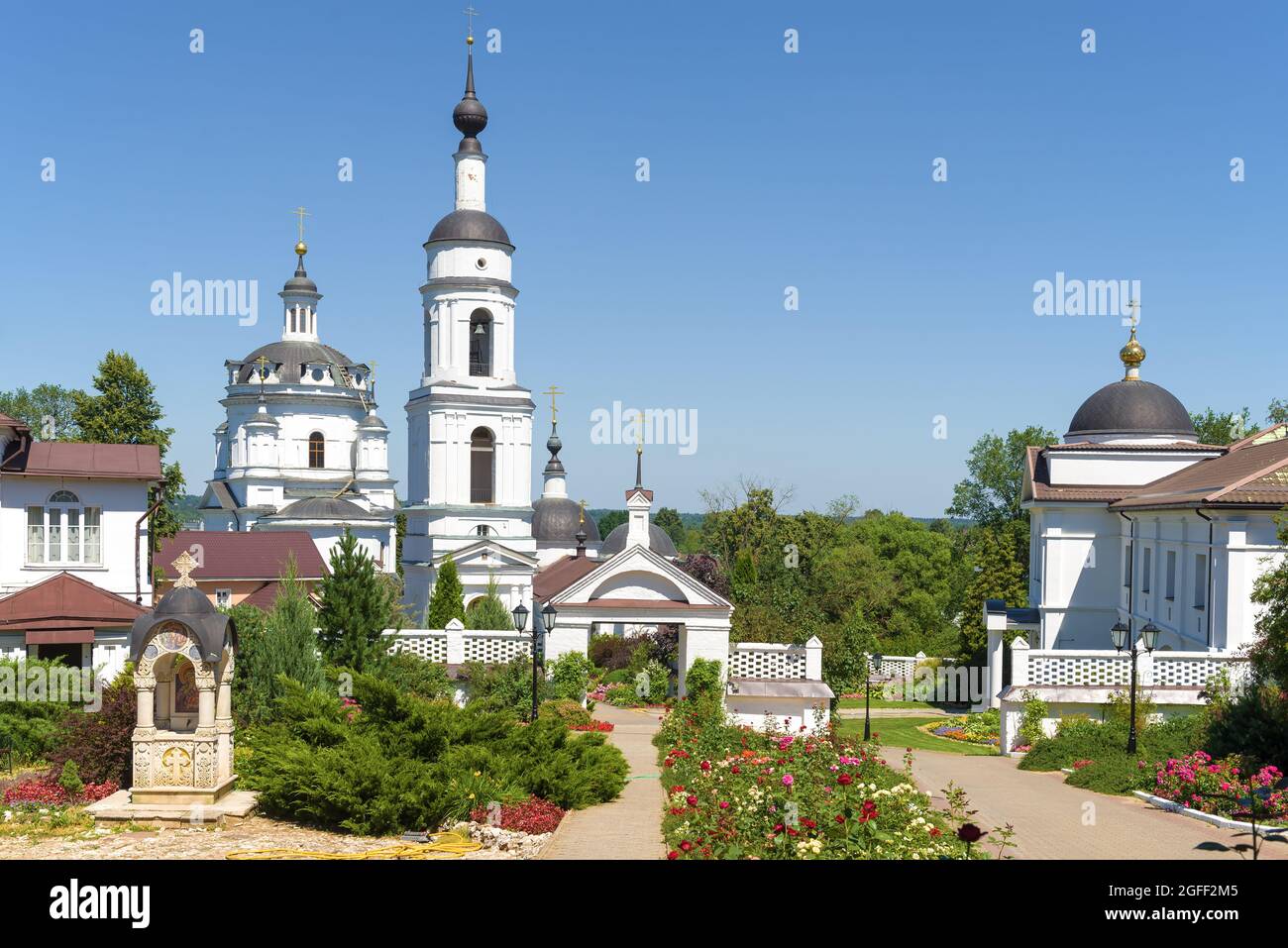 Sunny summer day on the territory of St. Nicholas Chernoostrovsky monastery. Maloyaroslavets, Russia Stock Photo