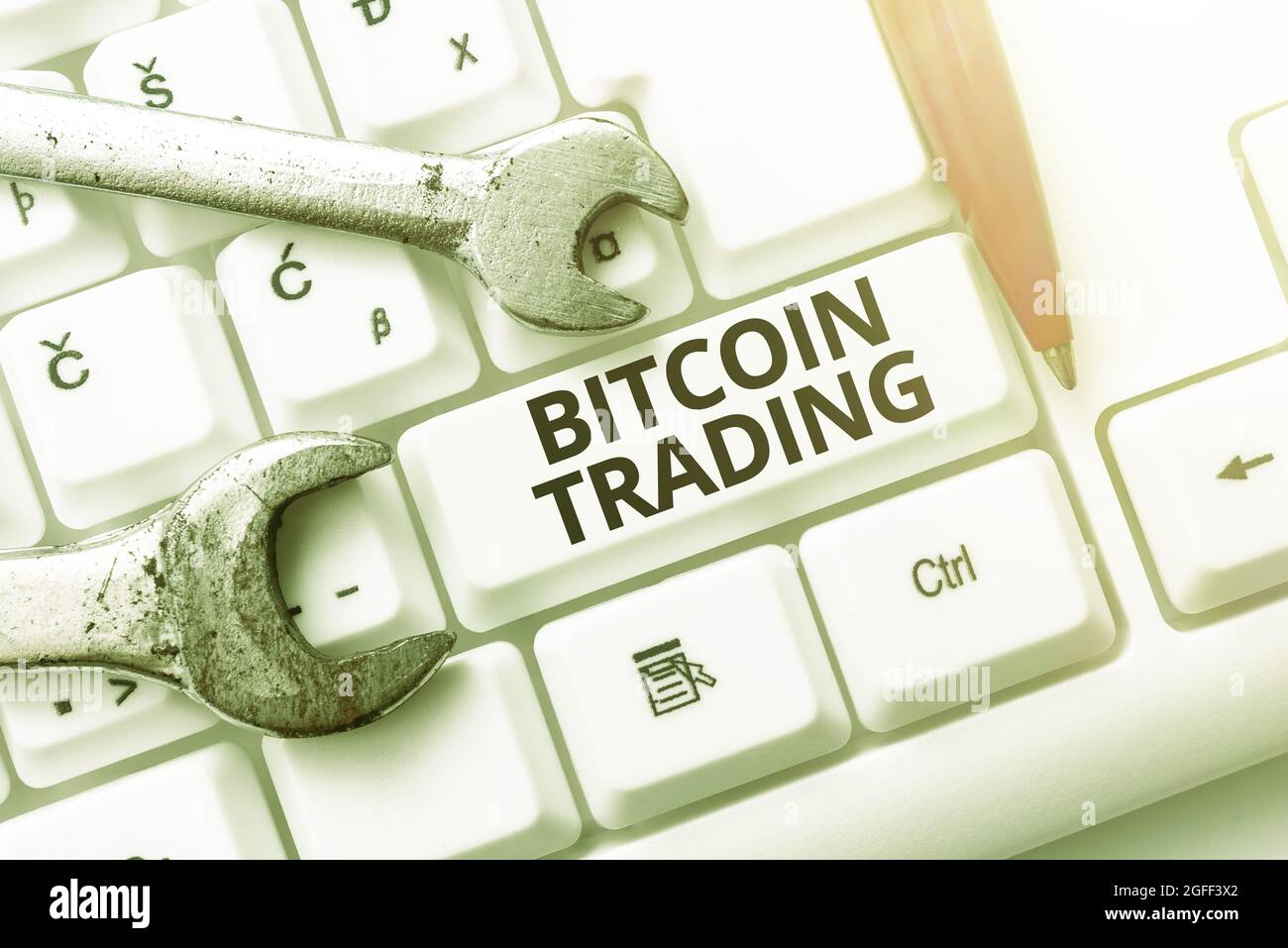 Sign displaying Bitcoin Trading. Word for buying and selling of  cryptocurrency in stocks market Typing Device Instruction Manual, Posting  Product Stock Photo - Alamy