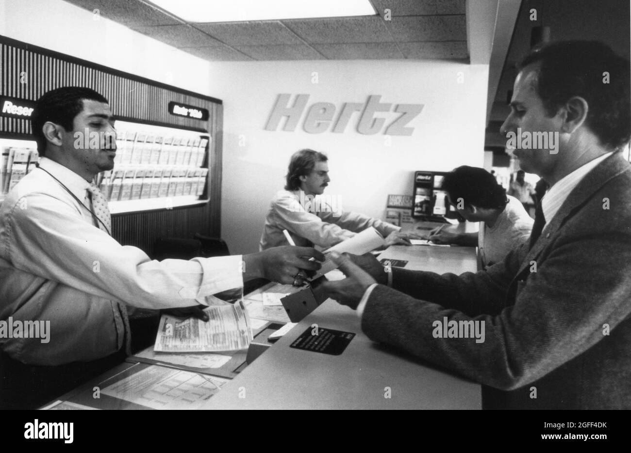 Austin Texas USA, circa 1989: Car rental counter at municipal airport. original in color   ©Bob Daemmrich Stock Photo