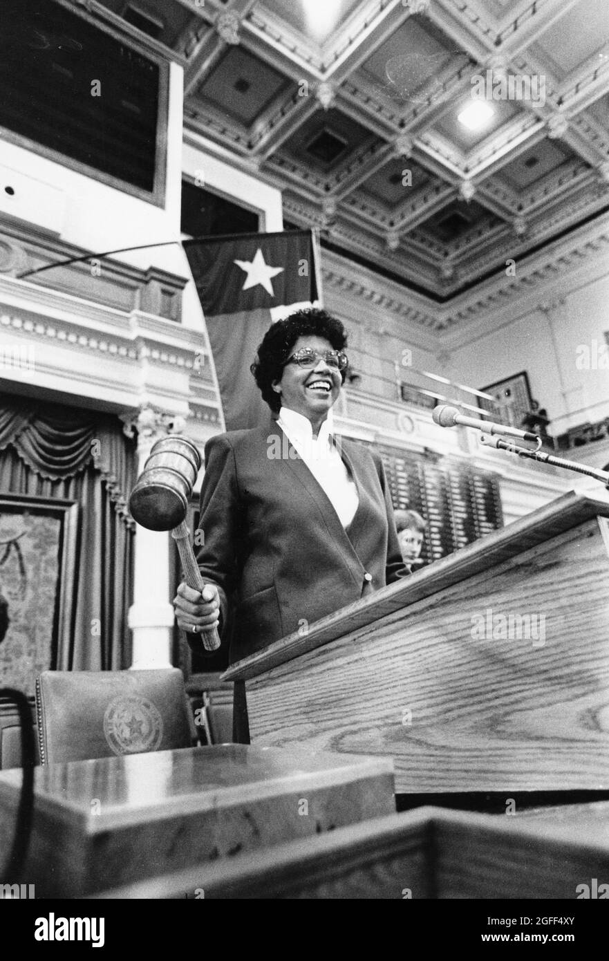 Austin Texas USA, 1987: Texas Secretary of State Myra McDaniel gavels in a session of the Texas Legislature.  ©Bob Daemmrich Stock Photo
