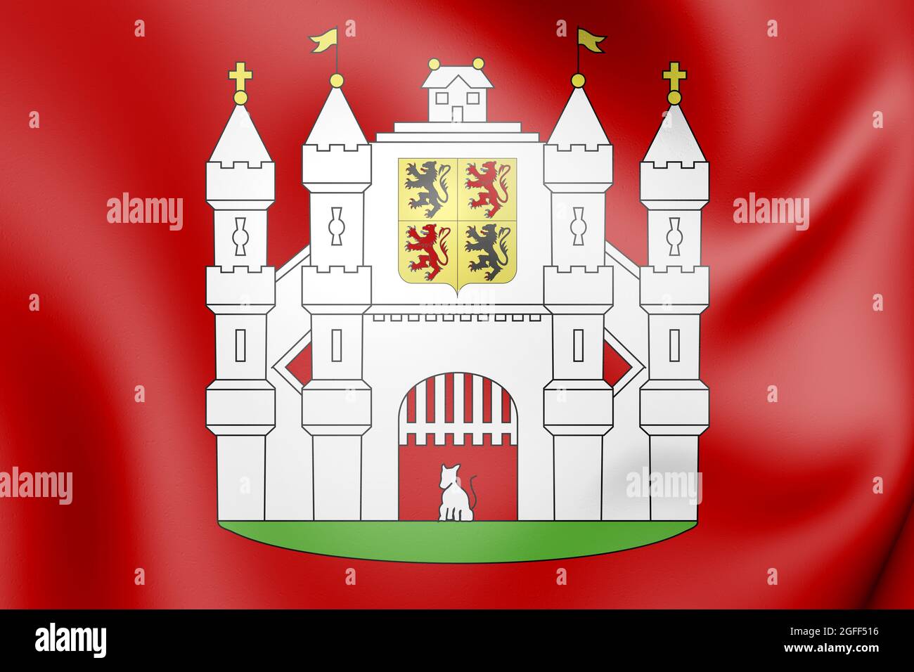 3D Mons coat of arms (Hainaut province), Belgium. 3D Illustration. Stock Photo