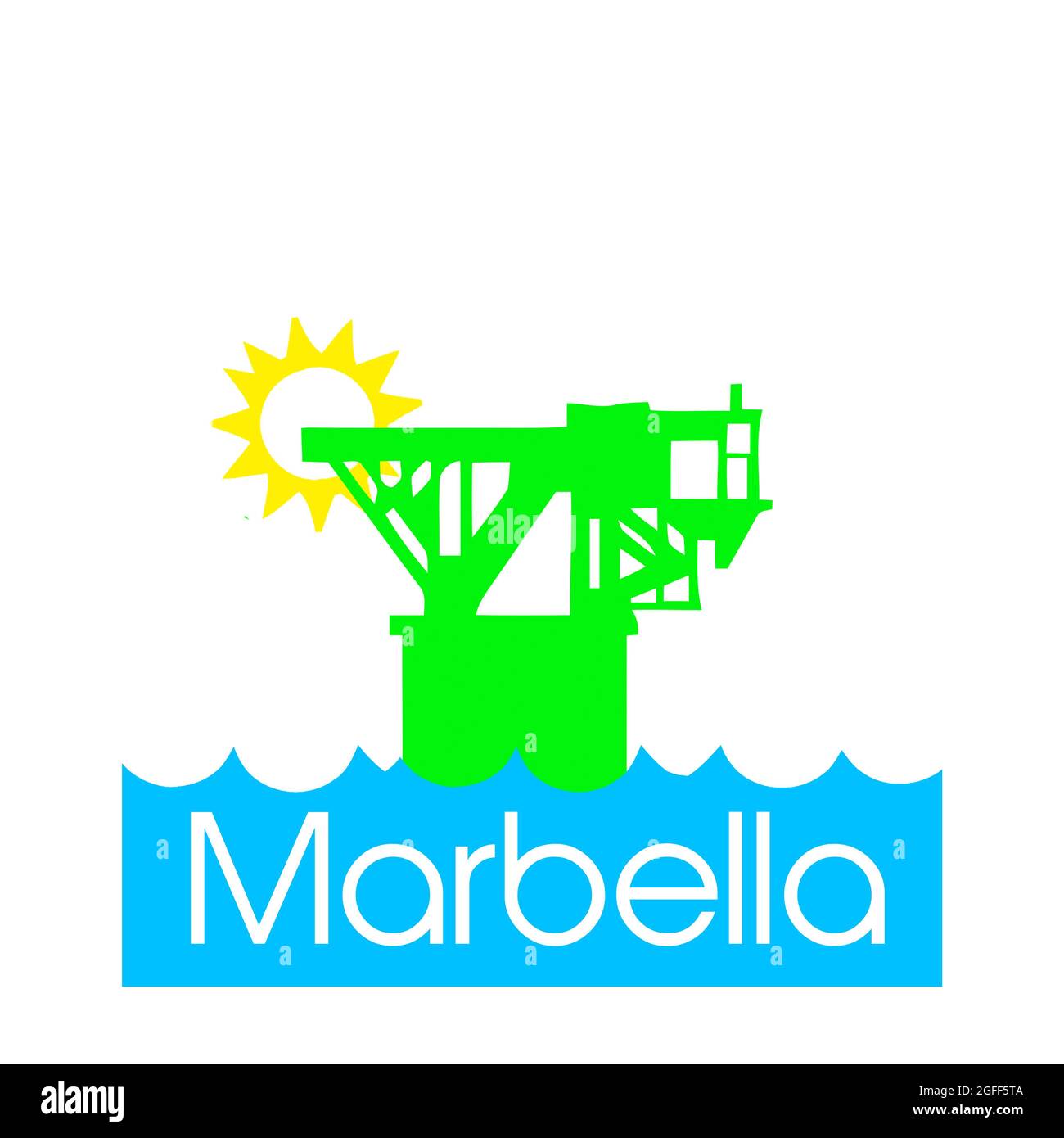 Marbella in modern style. Simple logo for souvenirs, Playa del Cablecalbe Stock Photo
