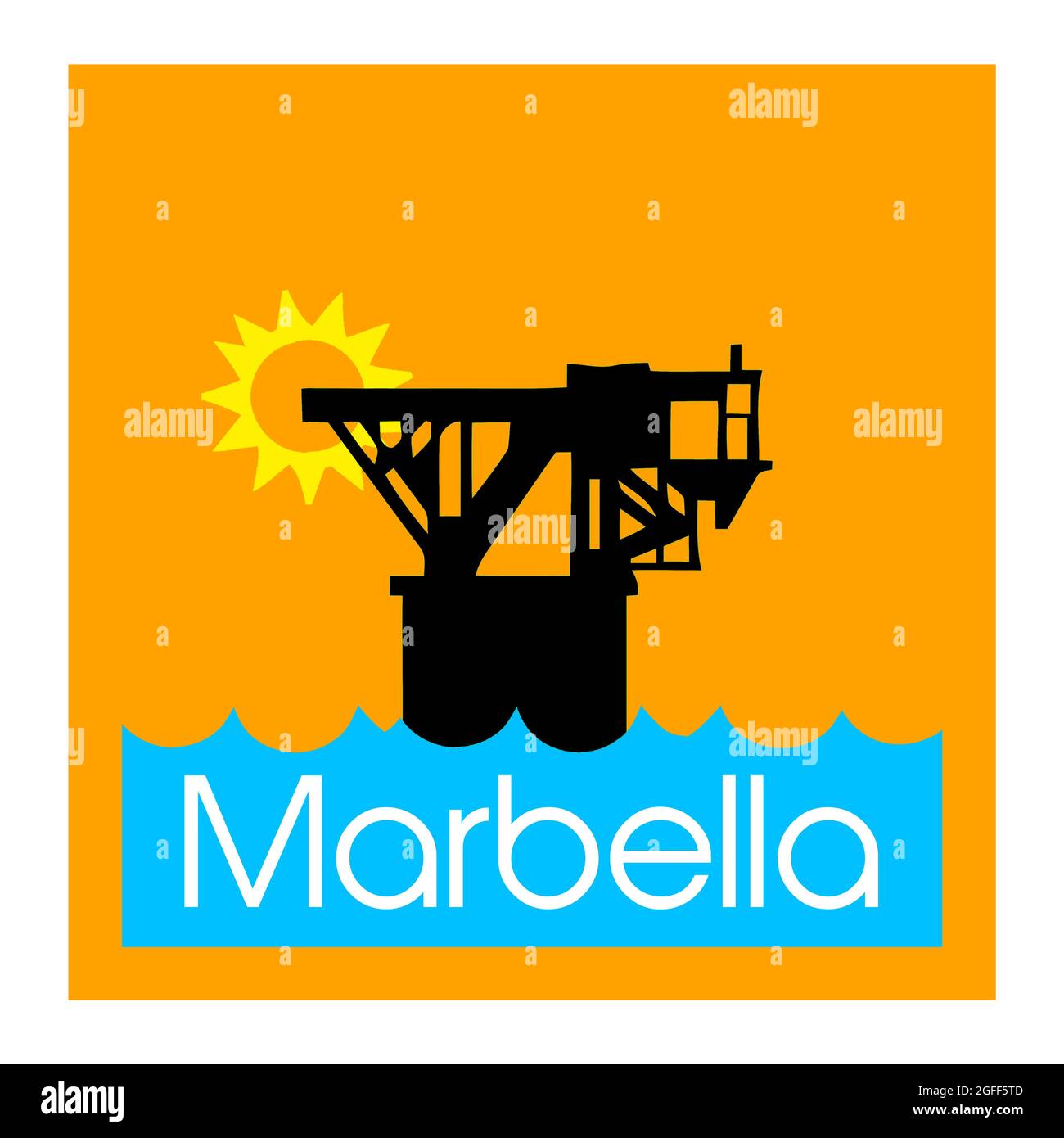 Marbella in modern style. Simple logo for souvenirs, Playa del Cablecalbe Stock Photo